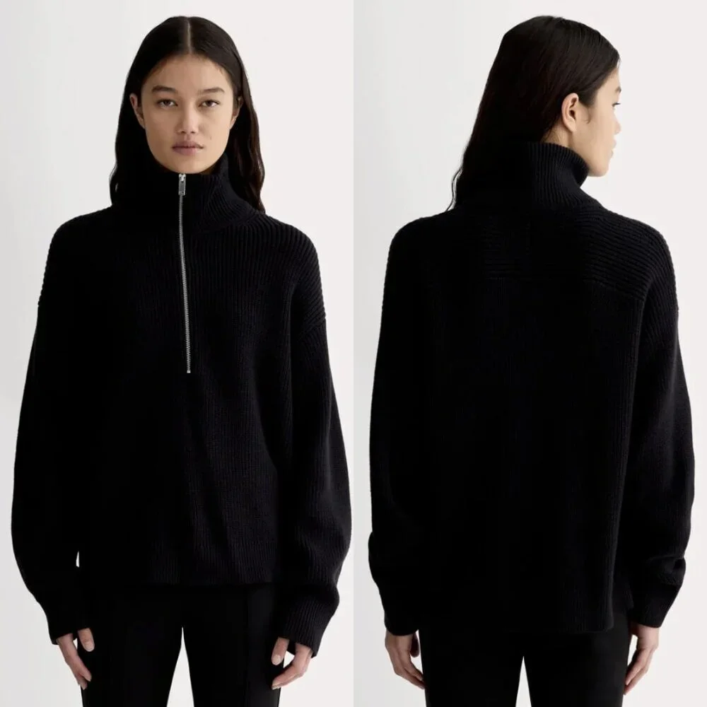 Everlane Half-Zip in Everyday Organic Cotton Knit Sweater in Black, size S